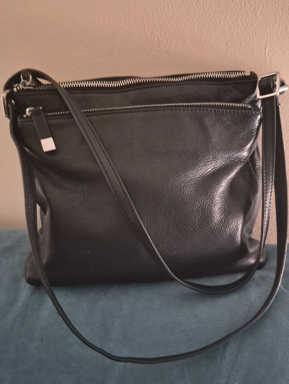 Margot Black Buttery leather Double Zip shoulder Crossbody bag